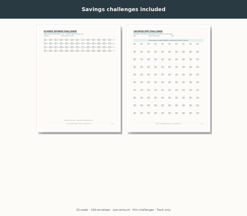 May include: Two white paper sheets featuring savings challenges. The left sheet is titled 52-Week Savings Challenge with rows of checkboxes. The right sheet is titled 100-Envelope Challenge with a grid of envelope icons. Text reads Savings challenges included.