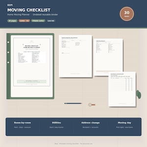 May include: A Kepi brand moving checklist home moving planner binder with 30 pages. The set includes a green binder, three loose white paper sheets with checklists, a dark pen, and a small brown key icon. Text includes Moving Checklist and 30 Pages.