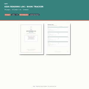 May include: A digital kids reading log and book tracker printable set featuring a cover page and a tracking sheet. The cover displays the text KIDS READING LOG BOOK TRACKER. The tracking sheet includes fields for title, date, and star ratings.
