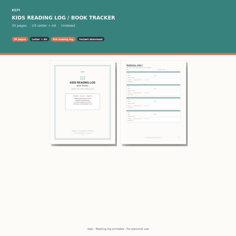 May include: A digital kids reading log and book tracker printable set featuring a cover page and a tracking sheet. The cover displays the text KIDS READING LOG BOOK TRACKER. The tracking sheet includes fields for title, date, and star ratings.