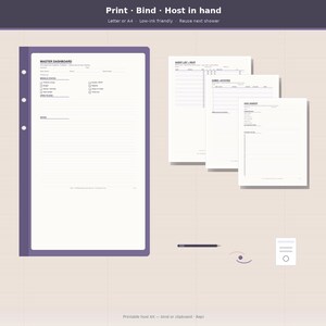 May include: A printable host kit featuring a master dashboard page with three binder holes, alongside three additional planning sheets for guest lists, games, and host tasks. The documents include text headers and lines for writing, with a dark purple border.
