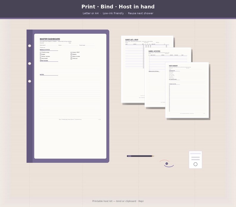 May include: A printable host kit featuring a master dashboard page with three binder holes, alongside three additional planning sheets for guest lists, games, and host tasks. The documents include text headers and lines for writing, with a dark purple border.