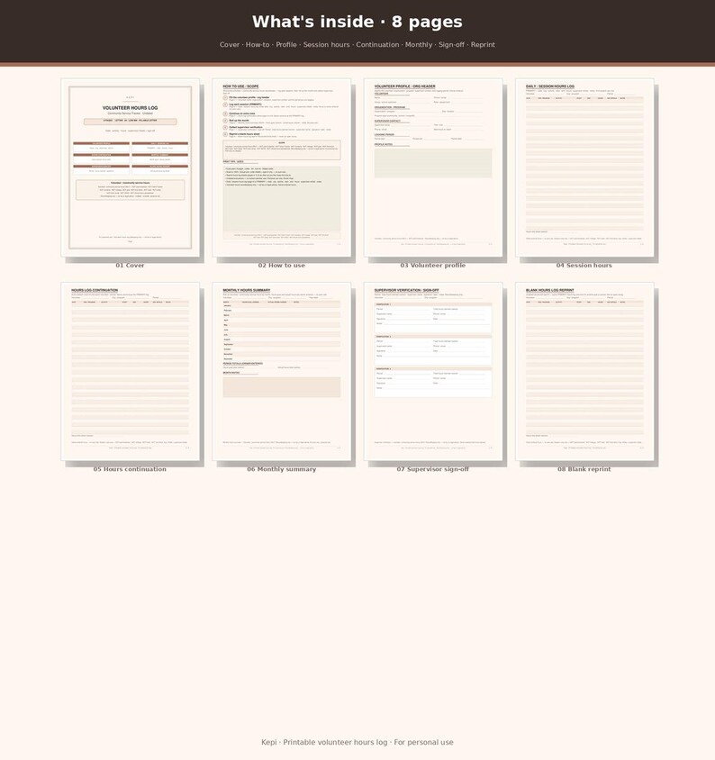 May include: A set of eight printable volunteer hours log pages featuring a cover, how-to guide, volunteer profile, session hours log, hours continuation, monthly summary, supervisor sign-off, and blank log reprint, all with a clean, structured layout.