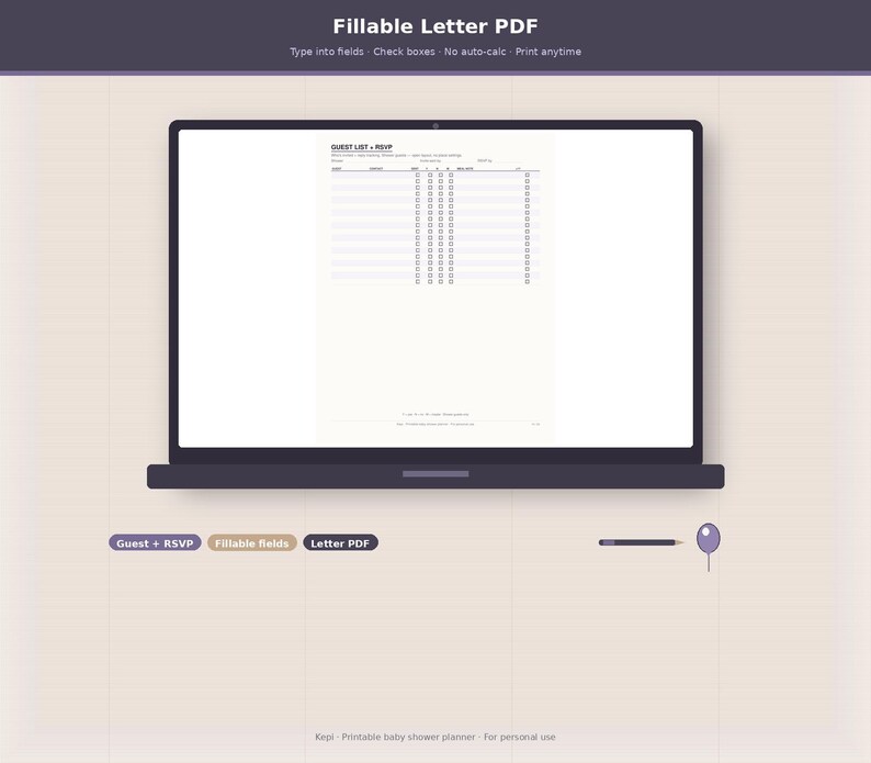 May include: A dark laptop screen displaying a digital Guest List and RSVP form with fillable fields and checkboxes. The text at the top reads Fillable Letter PDF, Type into fields, Check boxes, No auto-calc, Print anytime, Guest + RSVP.