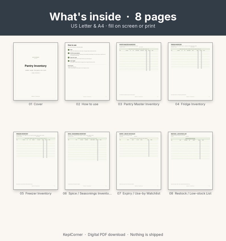 Pantry Inventory Checklist Printable | Kitchen Fridge Freezer Spice | Fillable PDF Letter A4 image 3