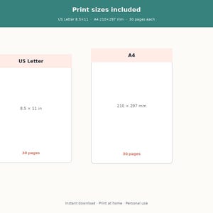 May include: A digital graphic displaying two rectangular print size options labeled US Letter and A4. The US Letter size is 8.5 x 11 inches and the A4 size is 210 x 297 mm. Each option indicates a total of 30 pages. The text Print sizes included appears.