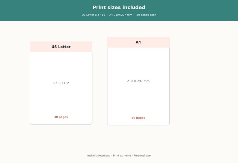 May include: A digital graphic displaying two rectangular print size options labeled US Letter and A4. The US Letter size is 8.5 x 11 inches and the A4 size is 210 x 297 mm. Each option indicates a total of 30 pages. The text Print sizes included appears.