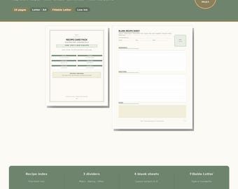 Recipe Card Pack Printable | Recipe Binder Pages Index Dividers | Fillable PDF Letter A4