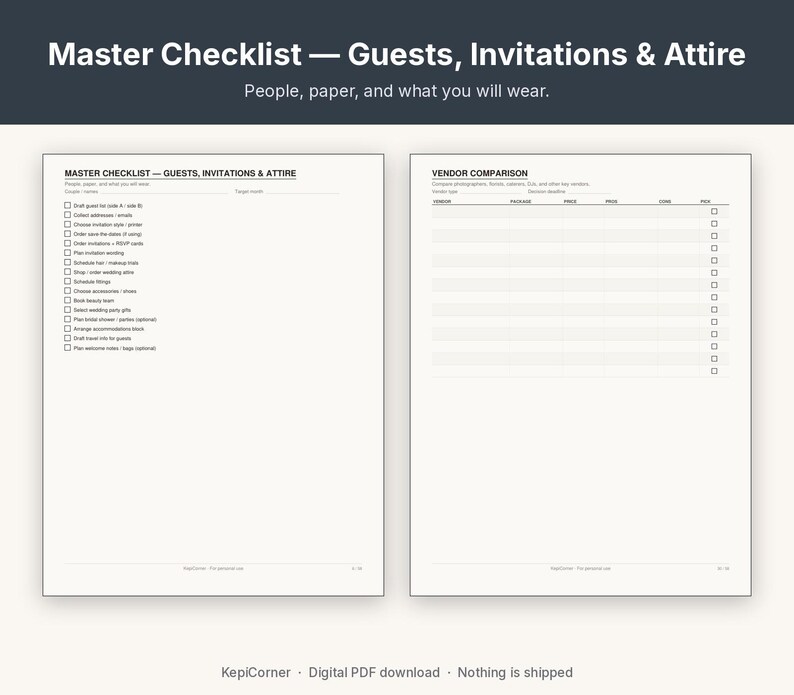 Wedding Planning Checklist Printable Binder | Undated Timeline Guest List Budget Vendor | Fillable PDF Letter A4 A5 image 5
