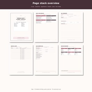 May include: A digital birthday party planner and checklist set featuring six distinct pages. The layout includes a cover, a quick checklist, an age and theme brief, a guest list with RSVP tracking, a cake and dessert plan, and a party-day run sheet.