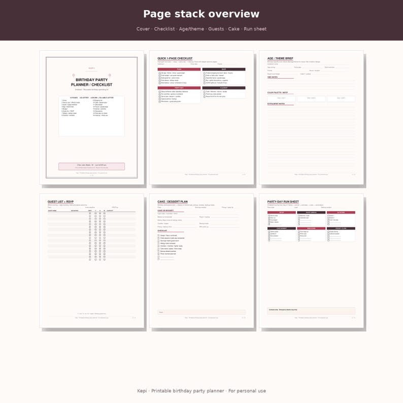 May include: A digital birthday party planner and checklist set featuring six distinct pages. The layout includes a cover, a quick checklist, an age and theme brief, a guest list with RSVP tracking, a cake and dessert plan, and a party-day run sheet.