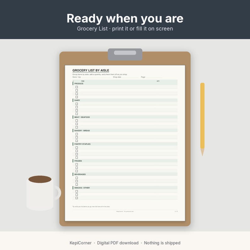 Grocery List Printable | Shopping List Pad Fillable PDF | Categorized Checklist Letter A4 image 2