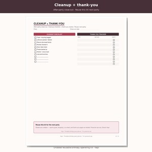 May include: A white printable party cleanup and thank-you tracker sheet with dark red headers. The document includes a cleanup checklist with checkboxes and a thank-you tracker table with columns for who, method, and sent status for party follow-up.