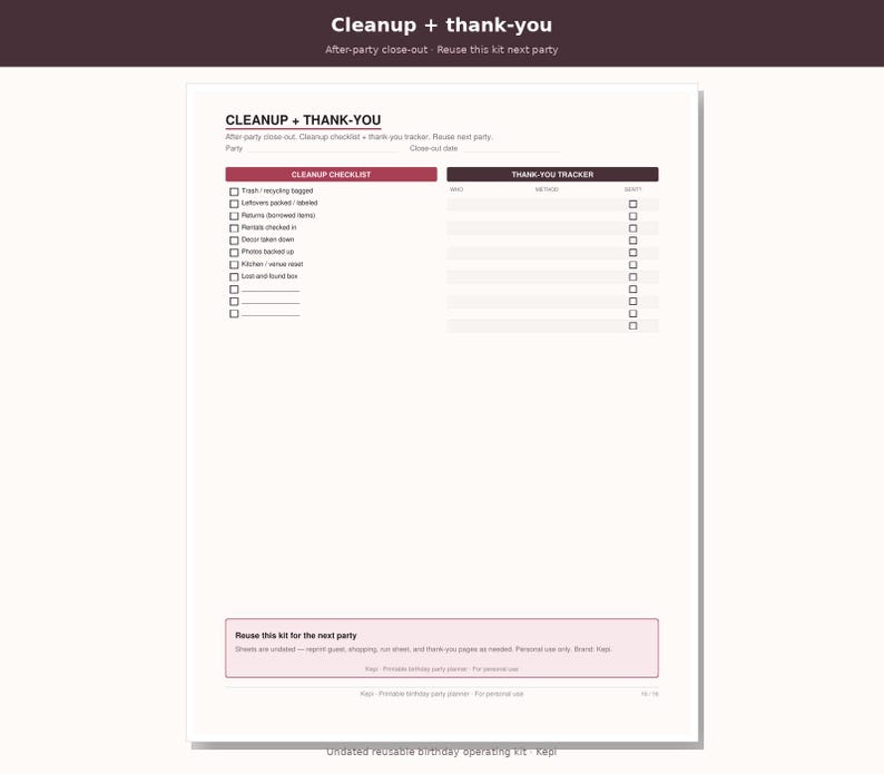 May include: A white printable party cleanup and thank-you tracker sheet with dark red headers. The document includes a cleanup checklist with checkboxes and a thank-you tracker table with columns for who, method, and sent status for party follow-up.