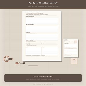 May include: A printable pet care log set featuring a large sheet titled CARE INSTRUCTIONS / HOUSE NOTES with sections for feeding, walking, house rules, and access keys, alongside a smaller notes card and a minimalist pencil icon graphic.