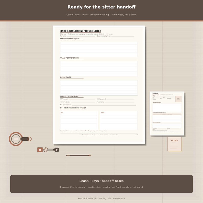 May include: A printable pet care log set featuring a large sheet titled CARE INSTRUCTIONS / HOUSE NOTES with sections for feeding, walking, house rules, and access keys, alongside a smaller notes card and a minimalist pencil icon graphic.