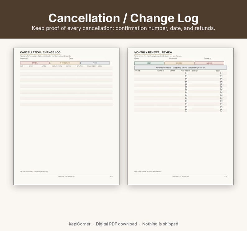 Subscription Tracker Printable | Recurring Subscriptions Keep Change Cancel | Fillable PDF Letter A4 image 8