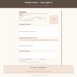 May include: A digital pet profile form with a beige background and brown text. The document includes sections for identity, temperament, preferences, allergies, and sitter notes. It features a designated box for a pet photo and fillable fields.