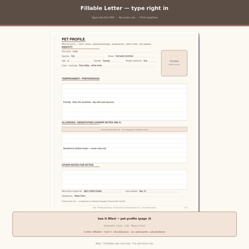 May include: A digital pet profile form with a beige background and brown text. The document includes sections for identity, temperament, preferences, allergies, and sitter notes. It features a designated box for a pet photo and fillable fields.