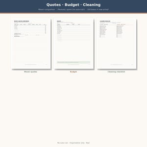 May include: A digital planner set featuring three white pages titled Quotes, Budget, and Cleaning. The pages include tables for mover quotes comparison, budget tracking, and a cleaning checklist with checkboxes. The layout is organized with black text on a white background, designed for moving and home organization tasks.