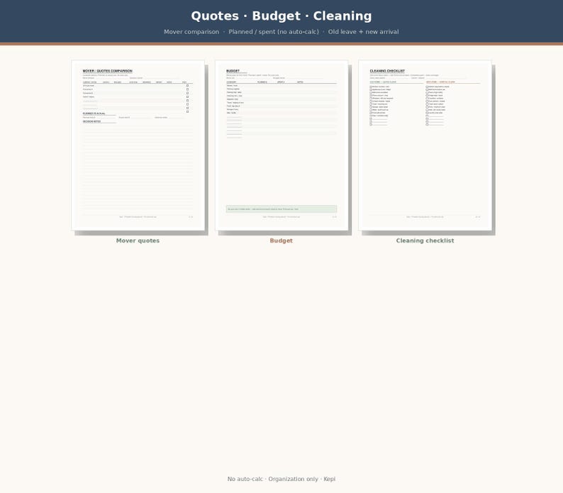 May include: A digital planner set featuring three white pages titled Quotes, Budget, and Cleaning. The pages include tables for mover quotes comparison, budget tracking, and a cleaning checklist with checkboxes. The layout is organized with black text on a white background, designed for moving and home organization tasks.