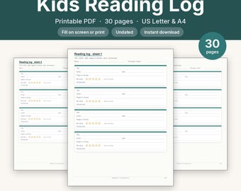 Kids Reading Log Printable Book Tracker | 30 Page Undated Reading Journal | Letter A4 PDF