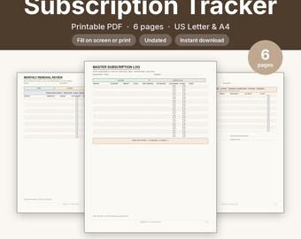 Abonnement-Tracker zum Ausdrucken | Wiederkehrende Abonnements: Wechselgeld behalten, kündigen | Ausfüllbares PDF (A4)