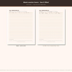 May include: Two digital daily session hours log templates on a light background. The left template is blank, while the right template is filled with sample data. Both feature columns for date, activity, start time, end time, and total hours.