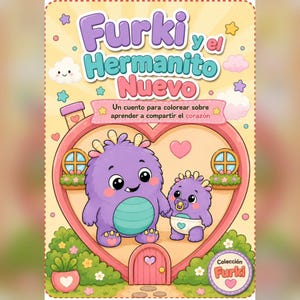 Puede incluir: Una portada de libro para colorear titulada Furki y el Hermanito Nuevo que muestra a un monstruo morado grande de la mano con uno más pequeño con pañal y chupete, dentro de una casa con forma de corazón con nubes, estrellas y corazones.