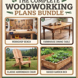 Puede incluir: Una guía titulada The Complete Woodworking Plans Bundle con 23 proyectos de muebles, jardín y taller paso a paso. Muestra cuatro imágenes numeradas: un banco de taller, una mesa de comedor, una silla Adirondack y un bancal de jardín elevado.