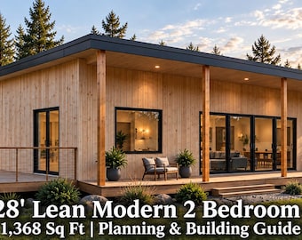 May include: A single-story wooden house with a flat roof, a large front deck, and black-framed windows and doors. The text reads 64' x 28' Lean Modern 2 Bedroom House, 1,368 Sq Ft | Planning & Building Guide, set against a forest and lake.