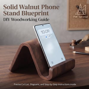 Projeto de suporte para celular "faça você mesmo", design curvo em nogueira, tutorial em PDF de marcenaria