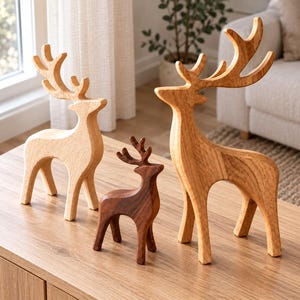 May include: Three standing deer figurines carved from wood. The left deer is light-toned, the centre deer is dark brown, and the right deer is medium-toned with prominent wood grain. Each figure features smooth, curved lines and antlers.