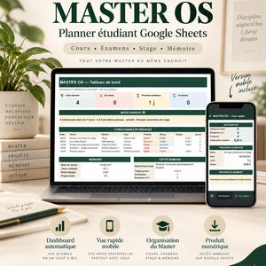 Peut inclure: Un planificateur étudiant numérique pour Google Sheets intitulé MASTER OS, affiché sur un écran d'ordinateur portable et de smartphone. L'interface présente des tableaux de bord académiques avec des tâches, des échéances et le suivi des cours.