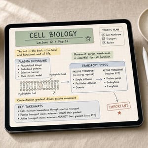 May include: A digital tablet displaying cell biology lecture notes with diagrams of the plasma membrane and transport types. The screen features text headers including Cell Biology, Plasma Membrane, and Transport Types, alongside a checklist titled Today's Plan.