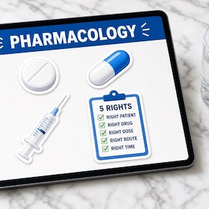 May include: A tablet screen displaying the word PHARMACOLOGY in a blue header, with illustrations of a white round pill, a blue and white capsule, a syringe, and a clipboard checklist titled 5 RIGHTS listing patient, drug, dose, route, and time.