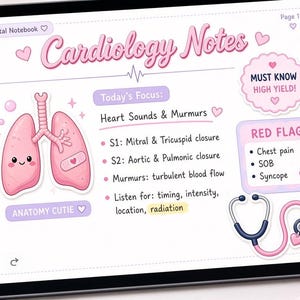 May include: A digital tablet displaying cardiology study notes with pink illustrations of lungs and a stethoscope. The page includes text headers Cardiology Notes, Today's Focus: Heart Sounds & Murmurs, MUST KNOW HIGH YIELD, and RED FLAG with bulleted medical points.