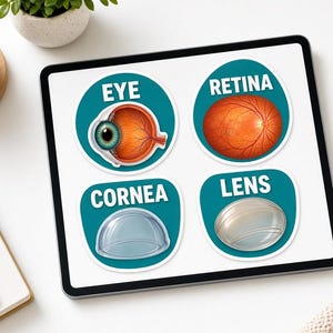 May include: A digital display showing four circular stickers with teal backgrounds. The stickers feature anatomical illustrations labeled EYE, RETINA, CORNEA, and LENS. The eye shows a cross-section, the retina is orange, the cornea is clear, and the lens is translucent.