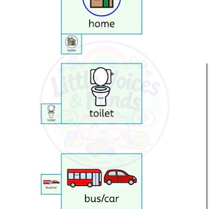 Op de afbeelding: Een set van drie rechthoekige educatieve kaarten met Widgit-symbolen. De kaarten tonen een bruin huis met de tekst home, een wit toilet met de tekst toilet, en een rode bus en rode auto met de tekst bus/car. Elke kaart bevat een klein icoon.