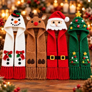 Könnte beinhalten: Vier gehäkelte Kapuzenschals mit Weihnachtsmotiven: ein weißer Schneemann mit schwarzem Hut, ein braunes Rentier mit Geweih, ein roter Weihnachtsmann mit weißem Bart und ein grüner Weihnachtsbaum mit gelbem Stern, alle mit Fransen.