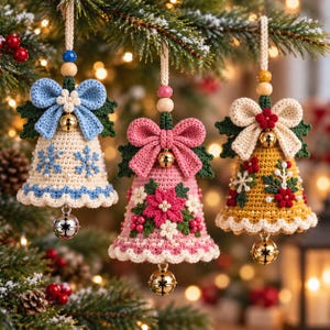 Könnte beinhalten: Drei gehäkelte Glockenanhänger, die an Schnüren hängen. Die linke Glocke ist cremefarben mit blauen Schneeflocken und einer blauen Schleife. Die mittlere Glocke ist rosa mit roten Weihnachtssternen und einer rosa Schleife. Die rechte Glocke ist goldfarben mit roten Blumen und einer cremefarbenen Schleife.