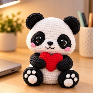 Könnte beinhalten: Ein gehäkeltes Panda-Stofftier mit weißem Körper, schwarzen Ohren, schwarzen Augenpartien und schwarzen Gliedmaßen. Der Panda hat große schwarze Augen, eine kleine schwarze Nase und rosa Wangen. Er hält ein rotes gehäkeltes Herz in den Pfoten.