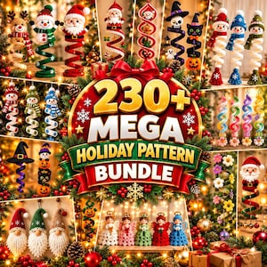 Könnte beinhalten: Eine digitale Collage mit einer Sammlung gehäkelter Feiertagsornamente, darunter Weihnachtsmänner, Schneemänner, Wichtel, Engel und Halloween-Figuren. In der Mitte steht der Text 230+ MEGA HOLIDAY PATTERN BUNDLE in Gold und Weiß.