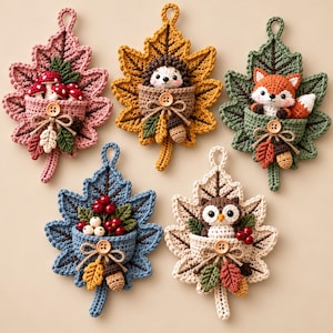 Crochet Fall Autumn Leaf Bundle, Woodland Animals Amigurumi Ornaments Pattern