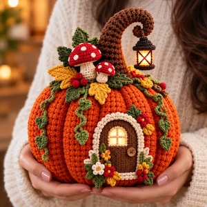 May include: A crocheted orange pumpkin house featuring a brown stem, a glowing lantern, and a small brown door. The pumpkin is decorated with red and white mushrooms, green leaves, yellow flowers, and red berries, all crafted with detailed yarn work.