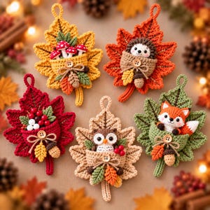 Crochet Fall Autumn Leaf Bundle, Woodland Animals Amigurumi Ornaments Pattern