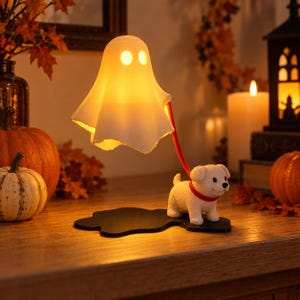 Spökpromenerande hundlampa, söt Halloween-spöklampa, läskig bordslampa, spökhundfigur, rolig Halloween-dekor, mysig höstdekor