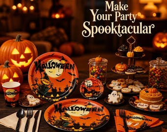 Halloween feestservies set, pompoenborden, bekers en servetten, griezelige feestdecoraties, Halloween verjaardagsfeestartikelen