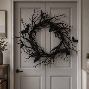 Peut inclure: Une couronne circulaire composée de fines branches d'arbre noires et dénudées. La couronne est ornée de plusieurs petites figurines de chauves-souris noires fixées aux brindilles. Les branches sont disposées de manière irrégulière, créant une pièce décorative circulaire, sombre et texturée.