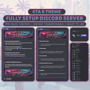 Pode incluir: Uma visualização digital de um layout de servidor Discord com tema GTA 6, apresentando uma interface escura com detalhes em neon roxo e azul-petróleo. A imagem mostra canais de boas-vindas, funções e verificação com cabeçalhos de texto.